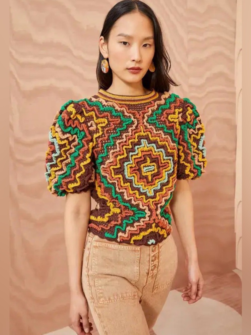 Ulla Johnson Kalila Top Fire Opal Crochet Short Sleeves Size S